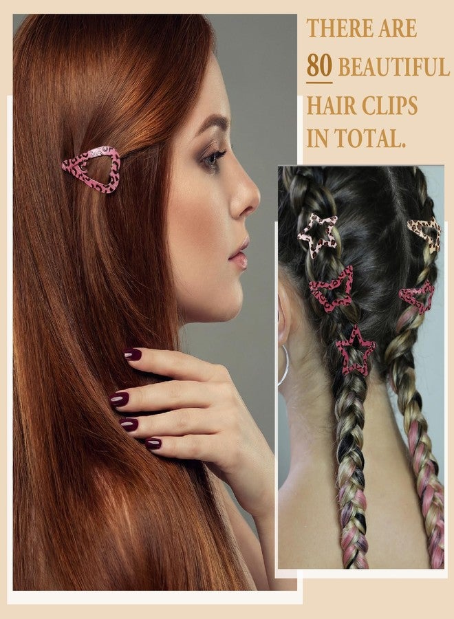 ZhouBoat 80 Pcs Metal Snap Hair Clips, Colorful Y2K Star Hair Barrettes Butterflies Hearts Water Drop Snap Hair Clips for Women, Pink and Brown Leopard Print, 5 Styles - Image 5